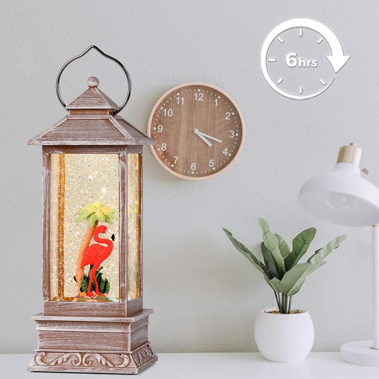 Pink Flamingo Snow Globe Lantern with Timer