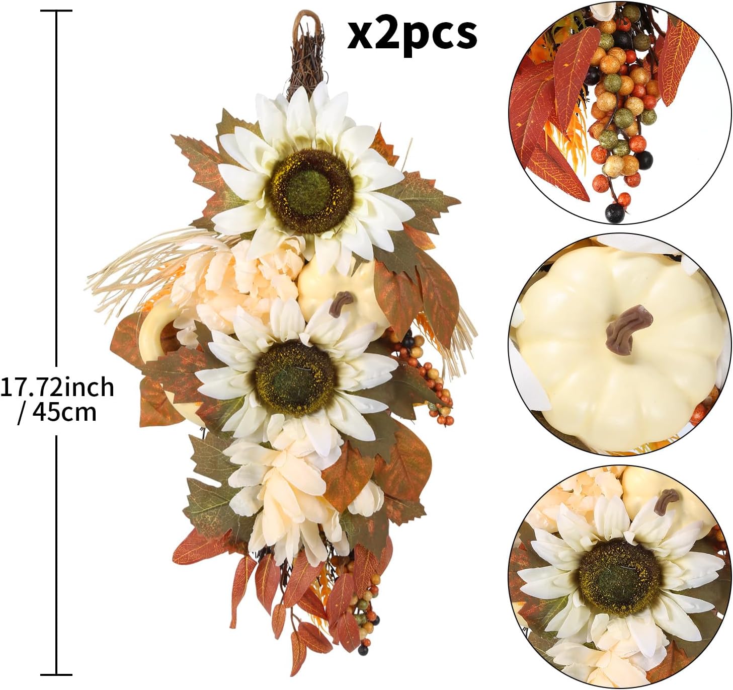 IPOPU 2PCS Fall Teardrop Wreath for Front Door