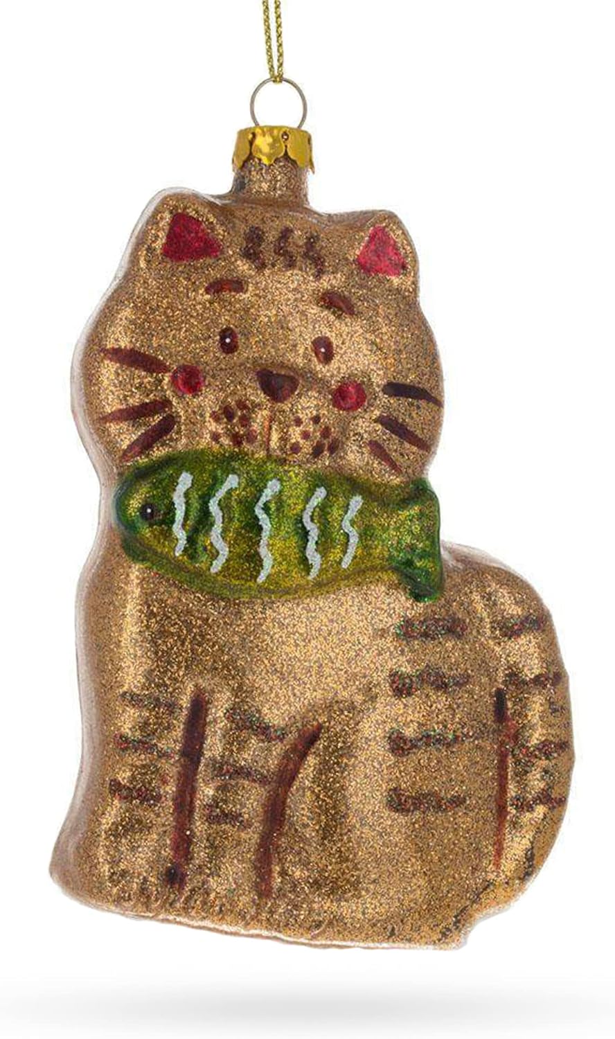 Sparkling Glittered Gingerbread Cat Fish Ornament
