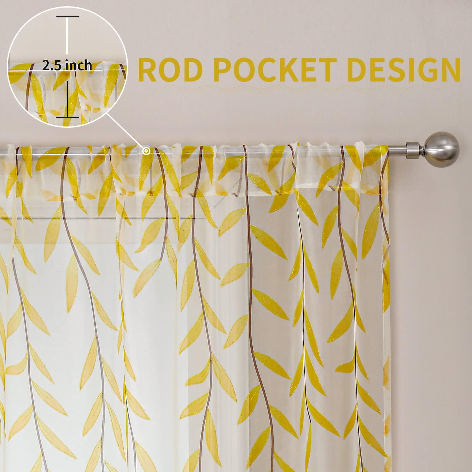 BROSHAN Yellow Sheer Curtains 2 Panels Voile