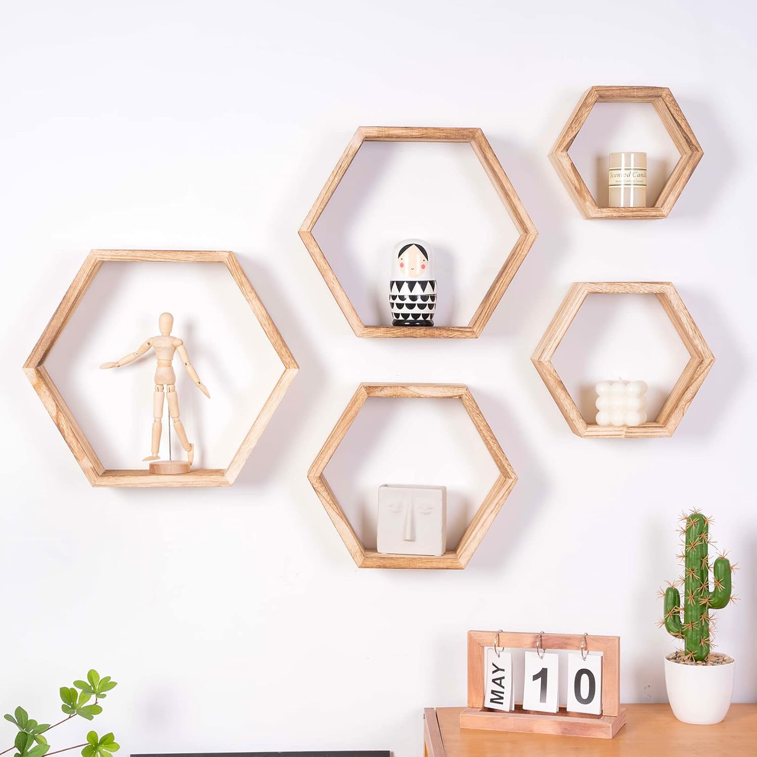 WONFUlity Hexagon Floating Shelf Wall Mount Wood Decor