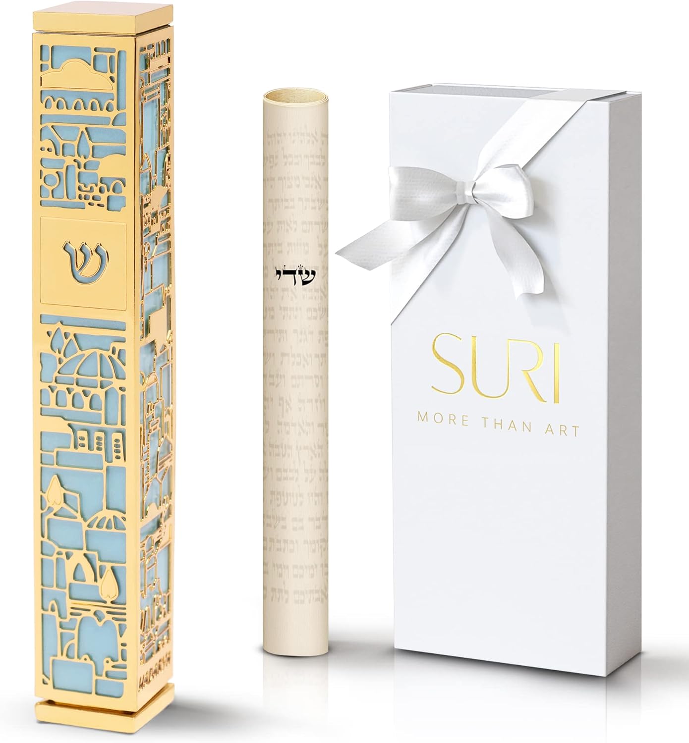 SURI Mezuzah with Jerusalem Design 5-Inch Gold Turquoise Case