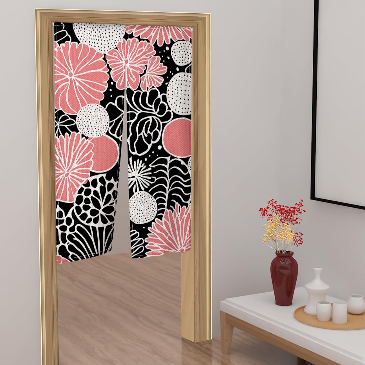Modern Boho Pink Flower Noren Curtain Panel