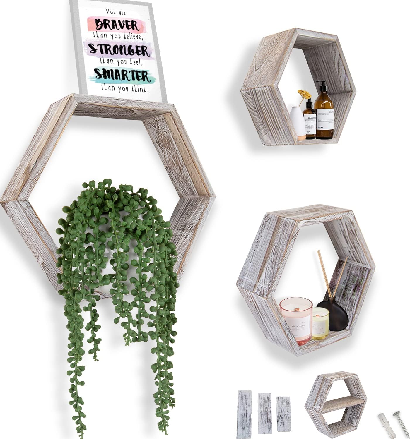 Comfify Rustic White Hexagonal Floating Shelves Set of 3