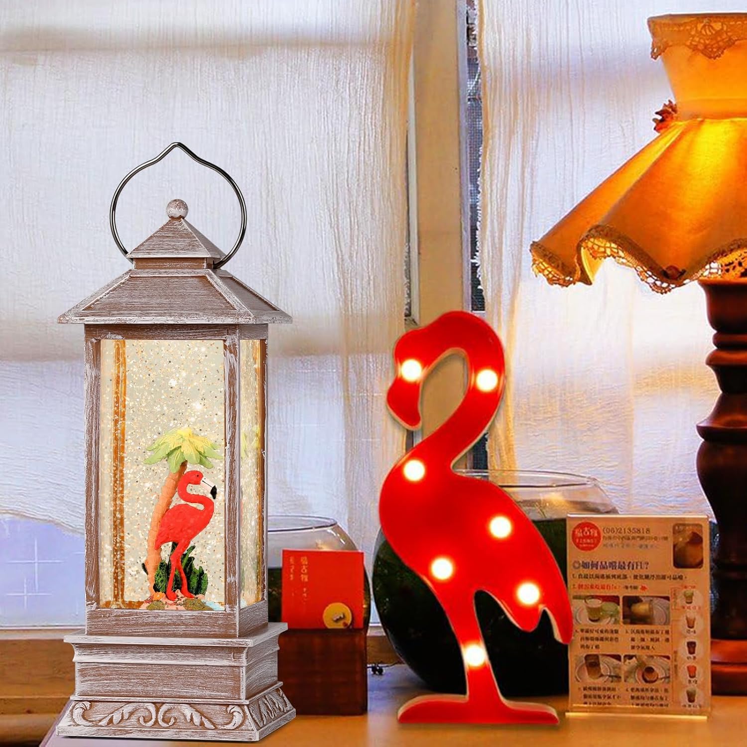 Pink Flamingo Snow Globe Lantern with Timer