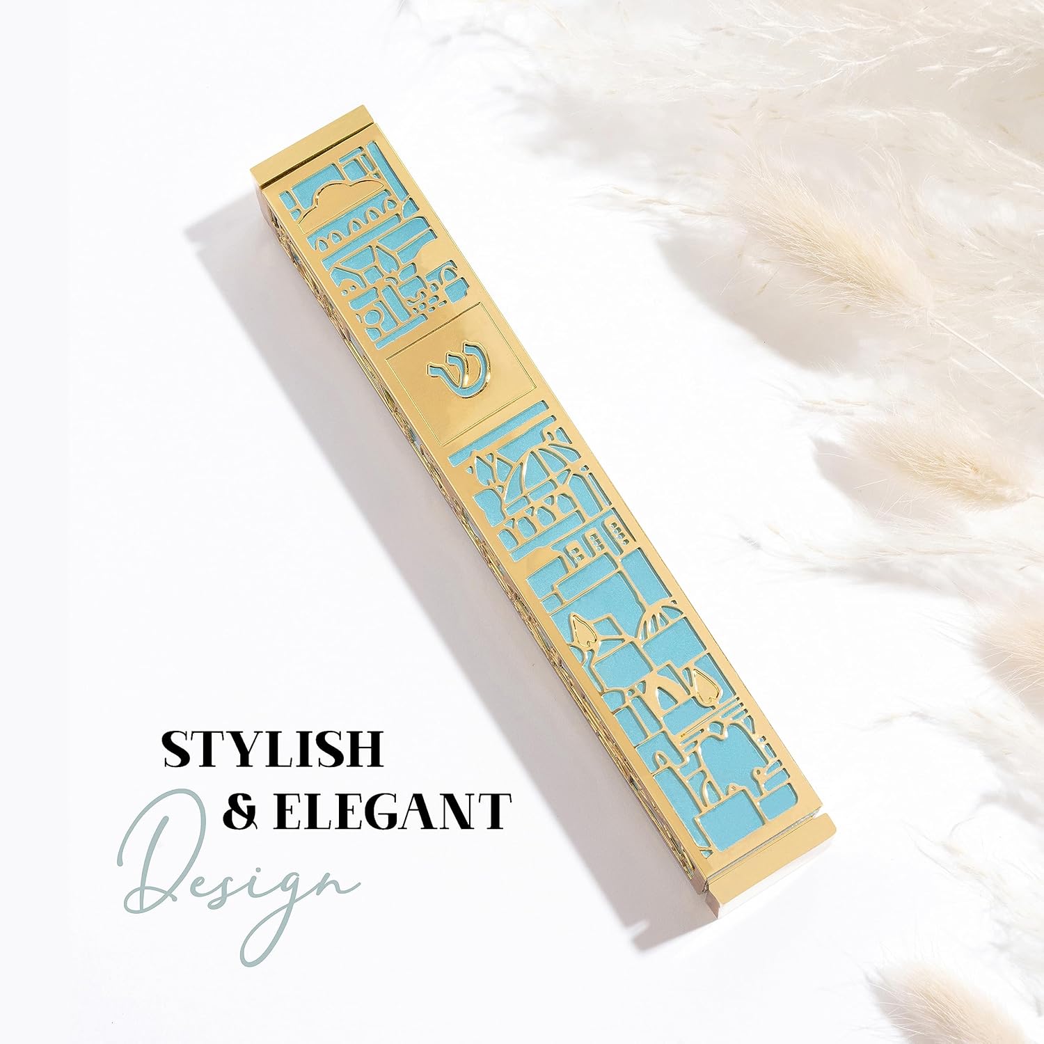 SURI Mezuzah with Jerusalem Design 5-Inch Gold Turquoise Case