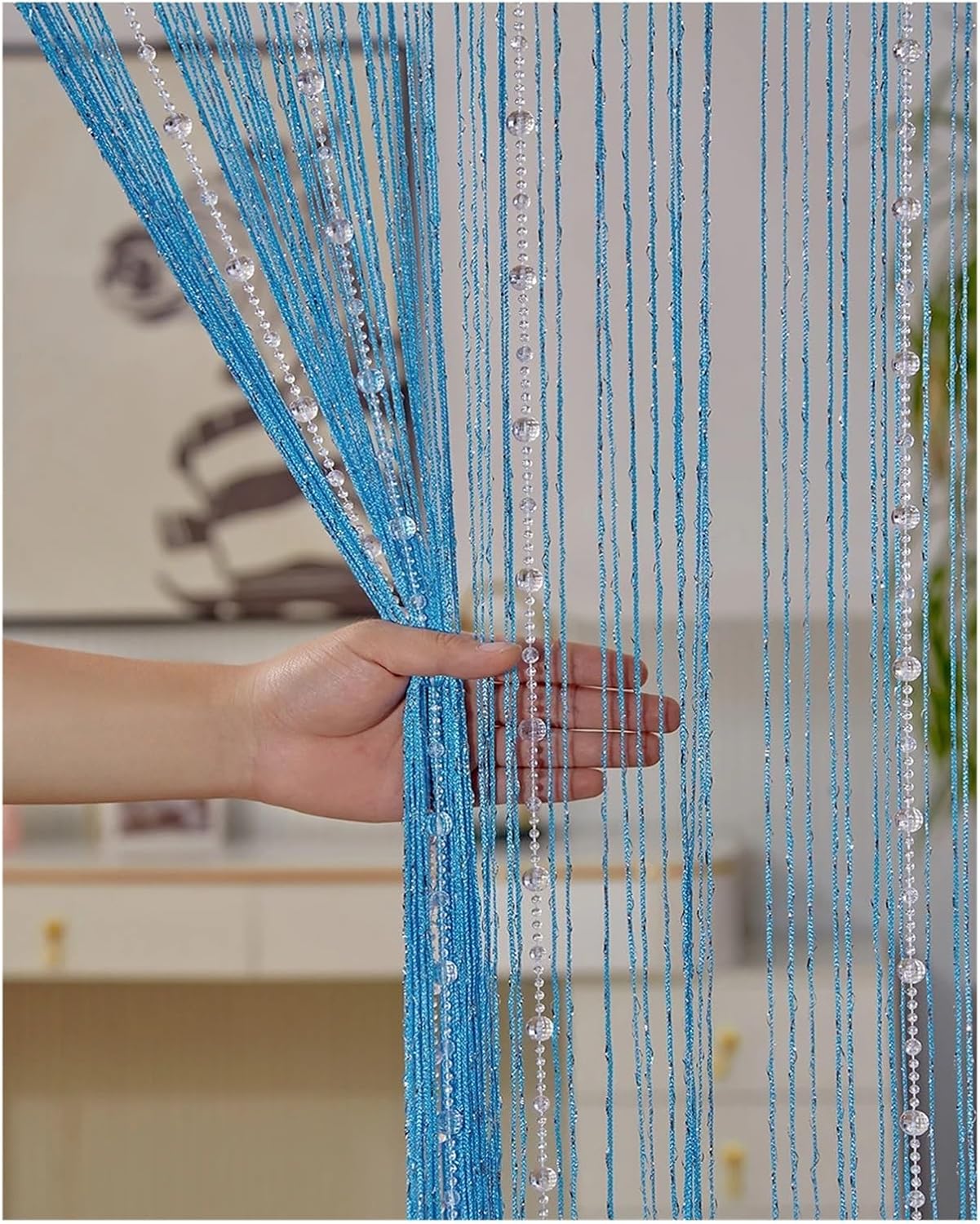 Beaded Door Curtain with Crystal Beads and Tassel Blue