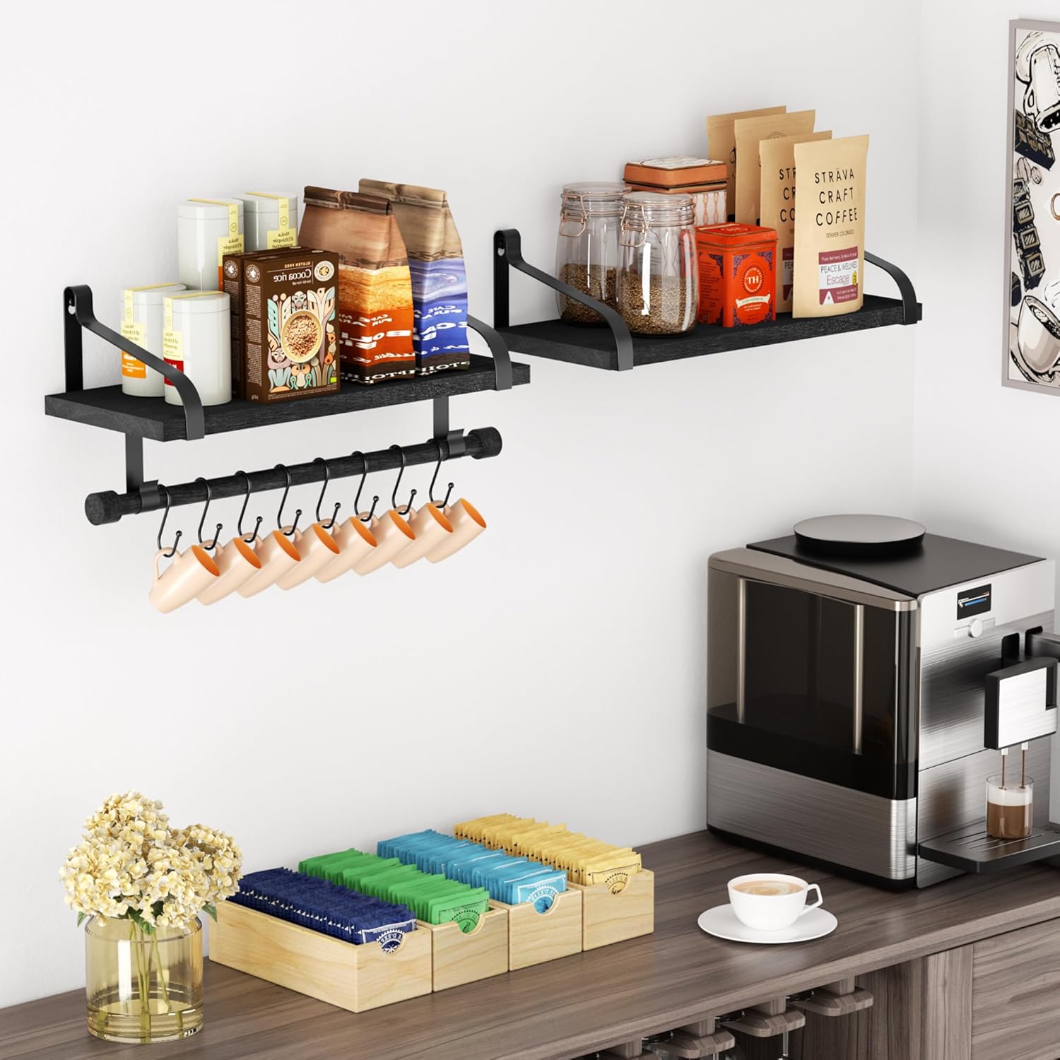 Love-KANKEI Floating Shelves with 8 Hooks Black 173 Inch