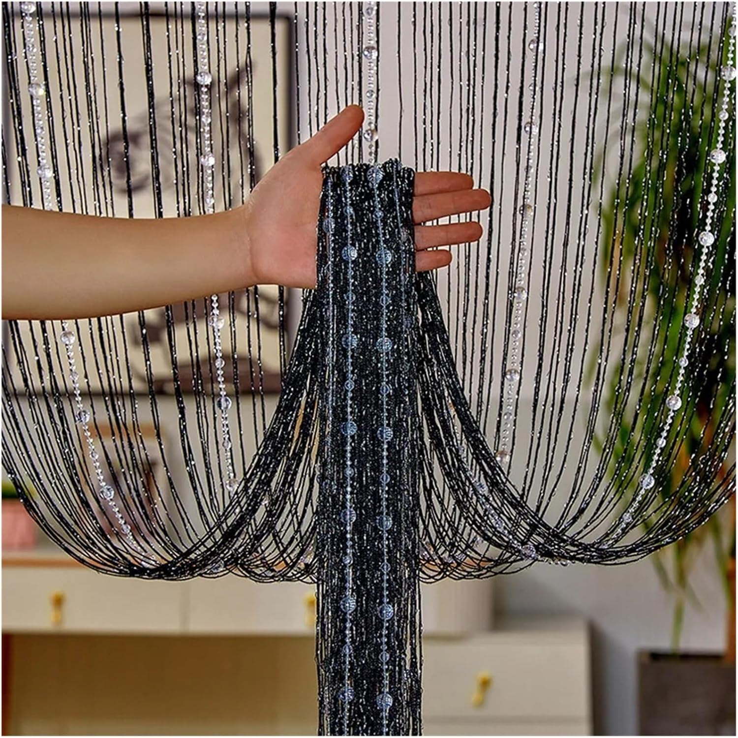 Crystal Beaded Curtain for Doorway Wall Window Black