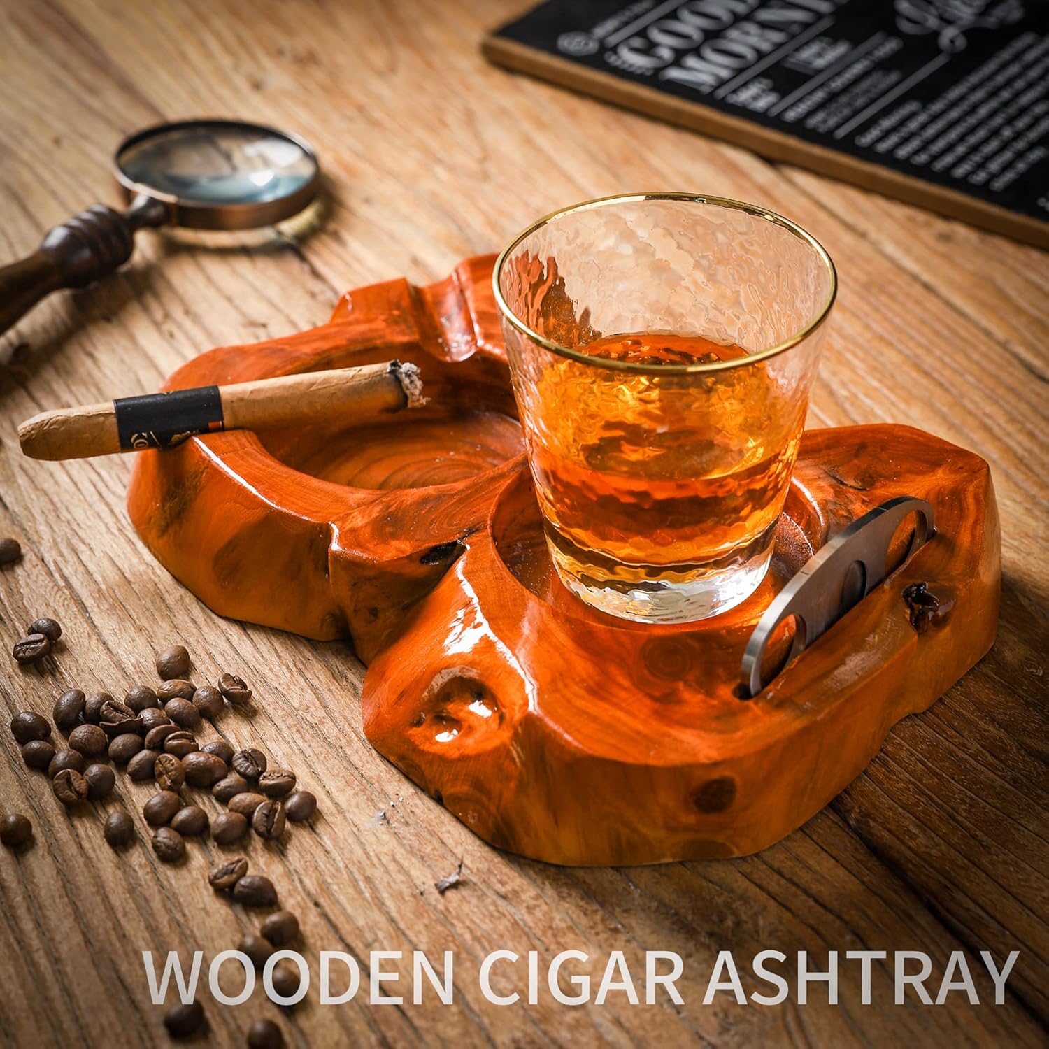 Wooden Cigar Ashtray with Whiskey Glass and Cutter Holder Large