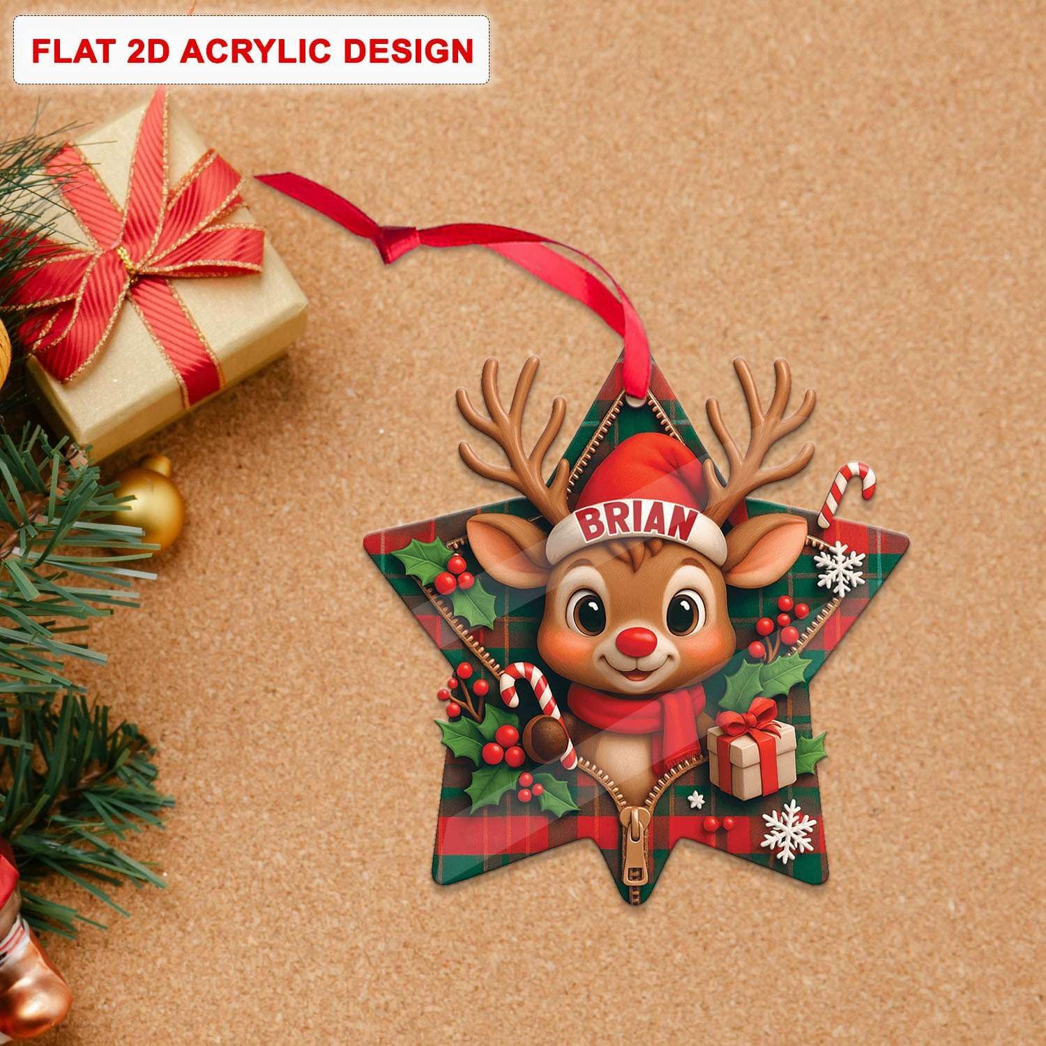 Personalized Reindeer Hanging Ornament Star Shape Acrylic Keepsake for Christmas