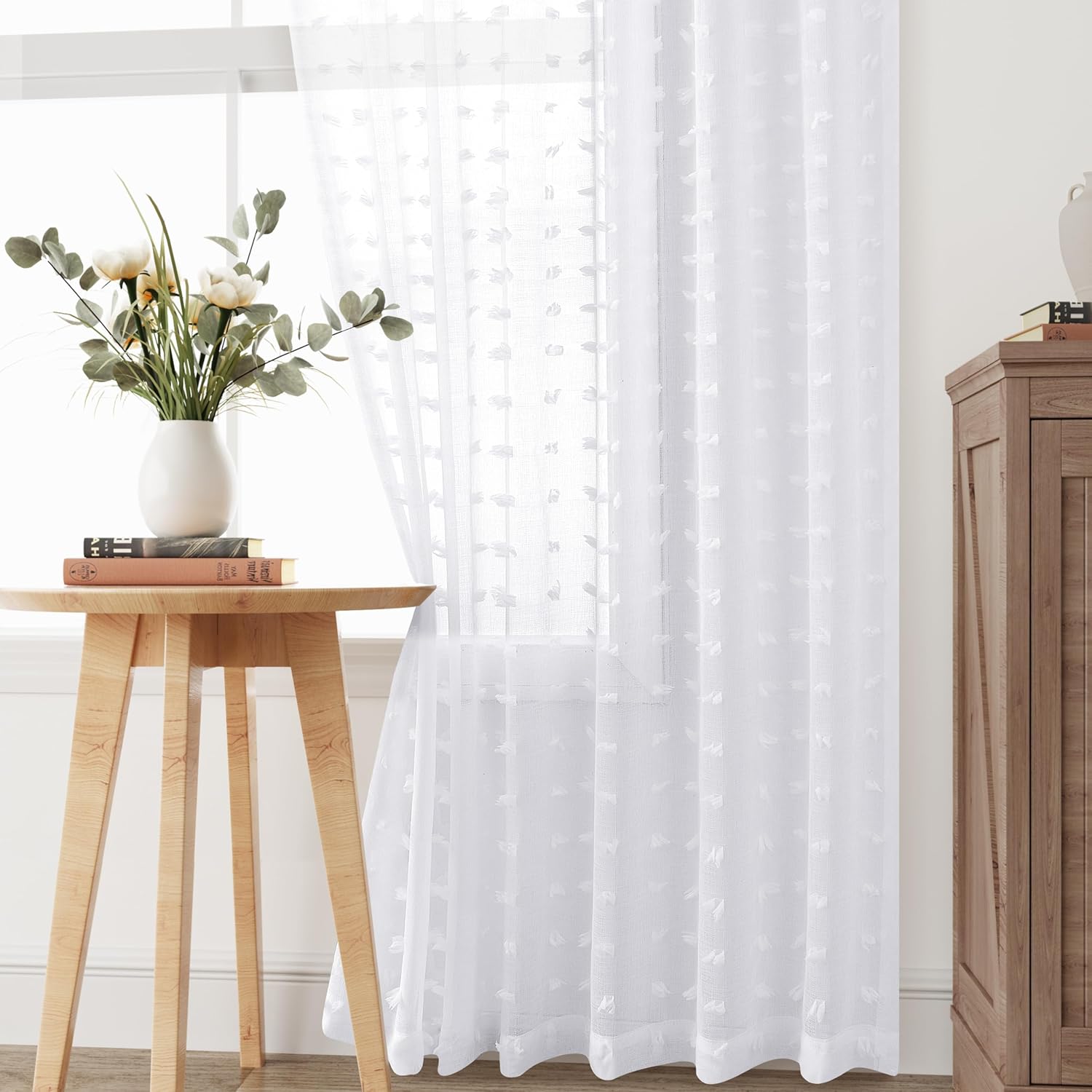 Guken White Pom Pom Curtains 63 Inches Long for Kids Bedroom