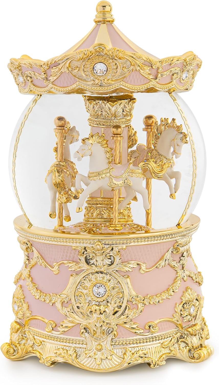 Carousel Music Box Gold Pink Christmas Snow Globe