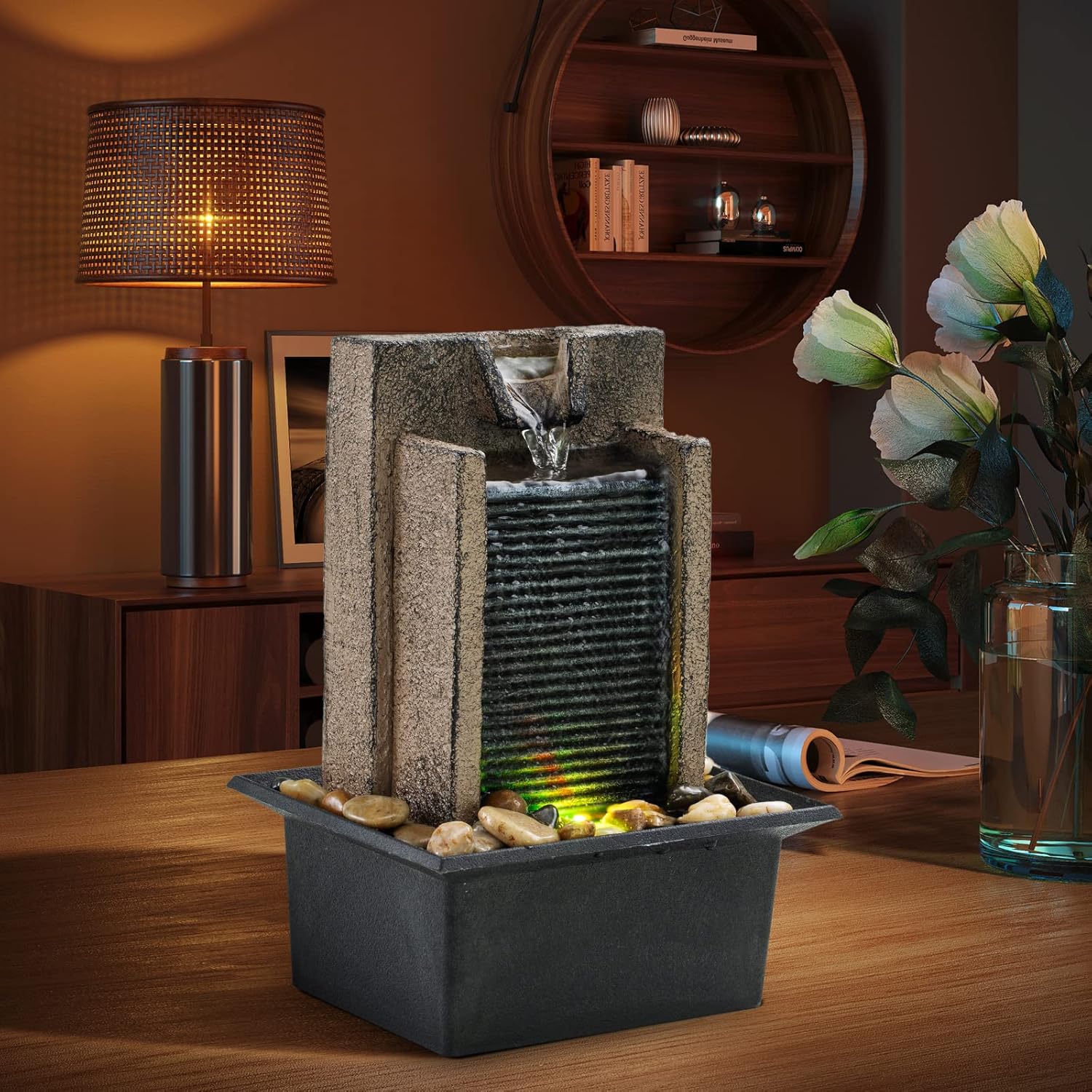 Tabletop Fountain with LED Lights and River Rocks