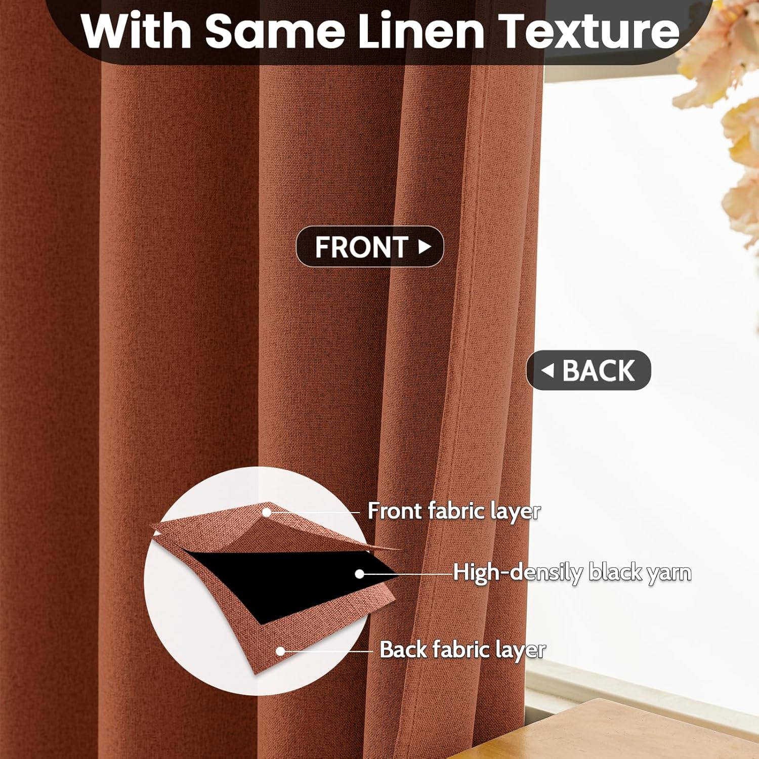 COSVIYA Blackout Burnt Orange Linen Curtains 2 Panels Set 72 Inch