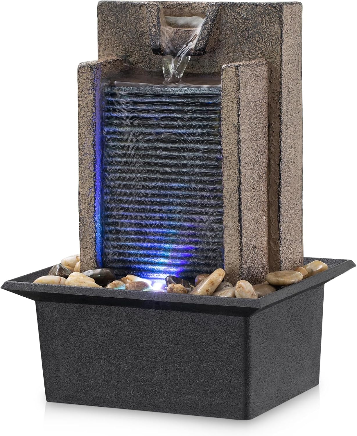 Tabletop Fountain with LED Lights and River Rocks