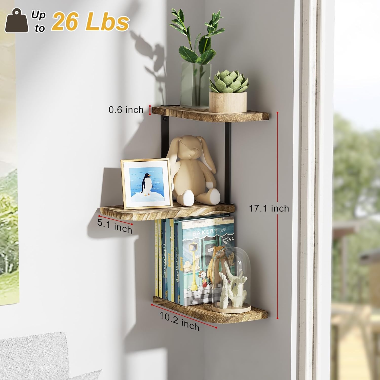 Love-KANKEI 3 Tier Rustic Wood Floating Corner Shelf