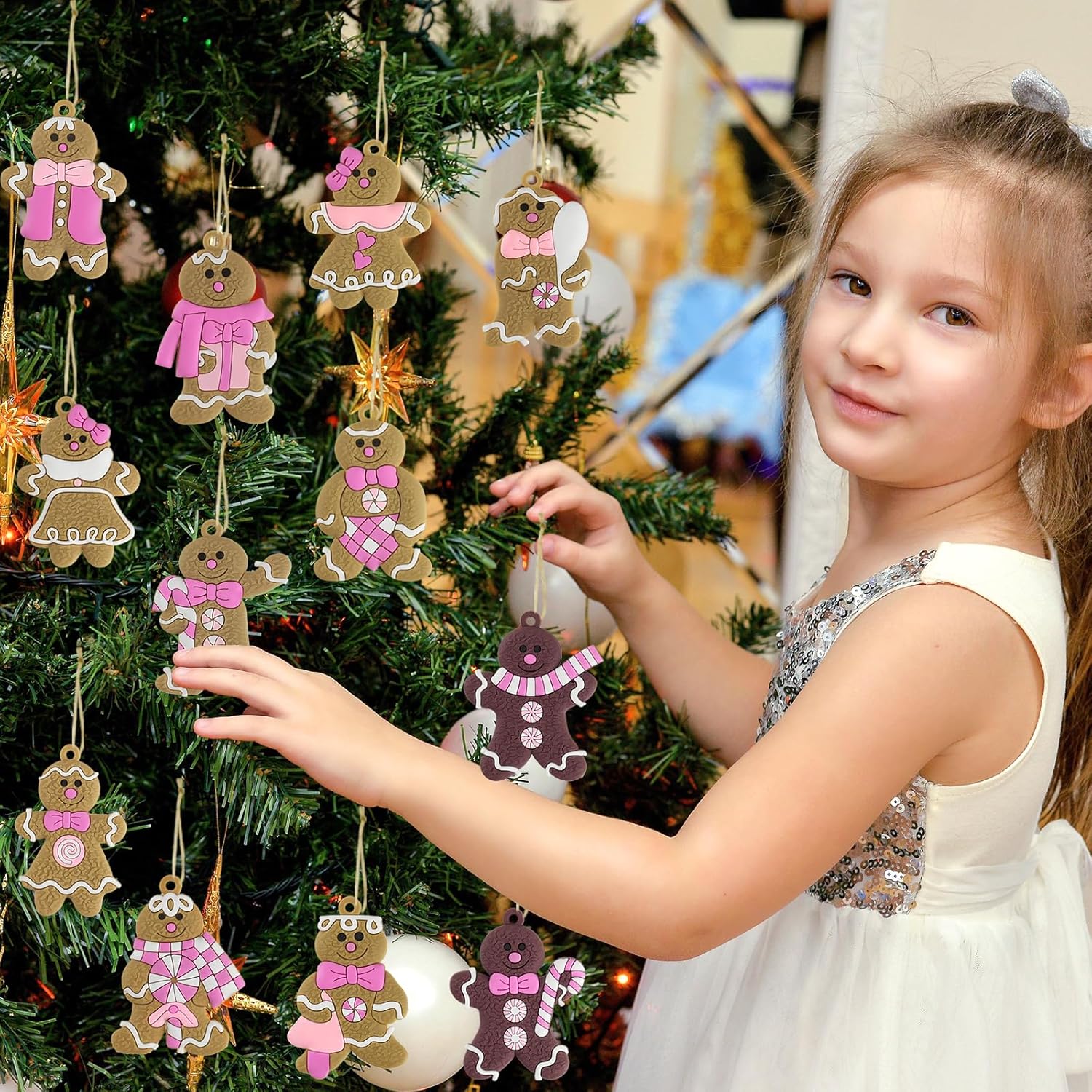 Pink Gingerbread Man Christmas Tree Decorations 12pcs Hanging Ornaments