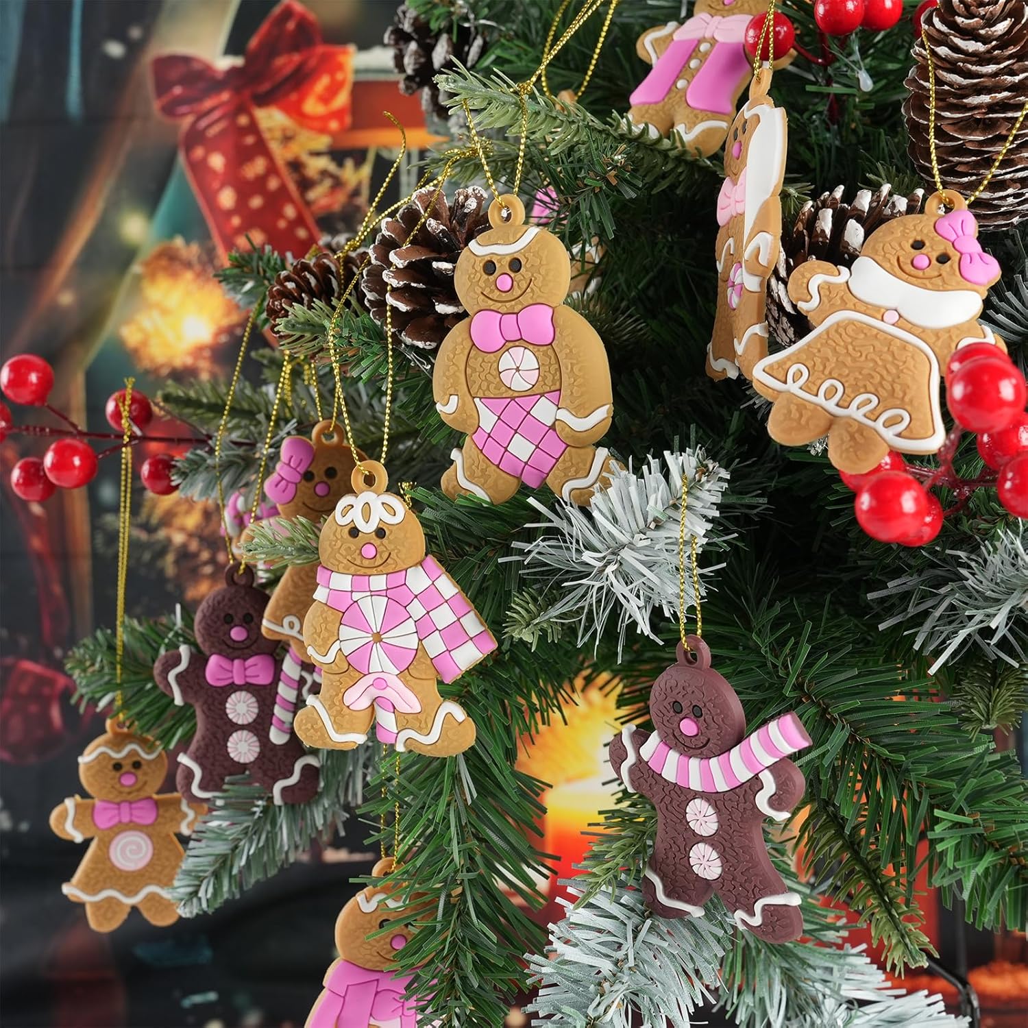 Pink Gingerbread Man Christmas Tree Decorations 12pcs Hanging Ornaments