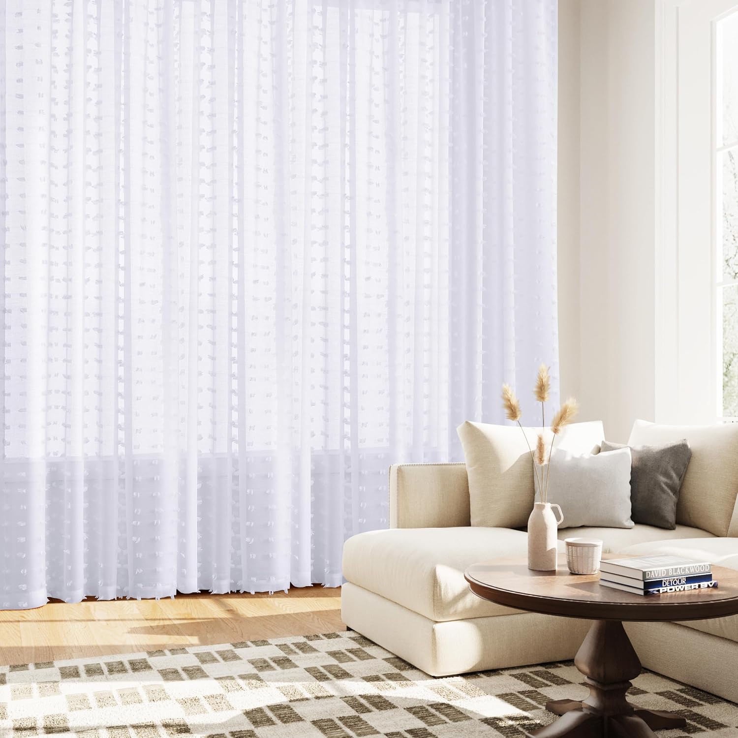 Guken Grommet Pom Pom Sheer Curtains 2 Panels 63 Inch Length