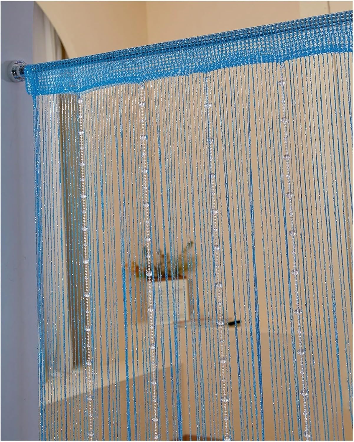 Beaded Door Curtain with Crystal Beads and Tassel Blue