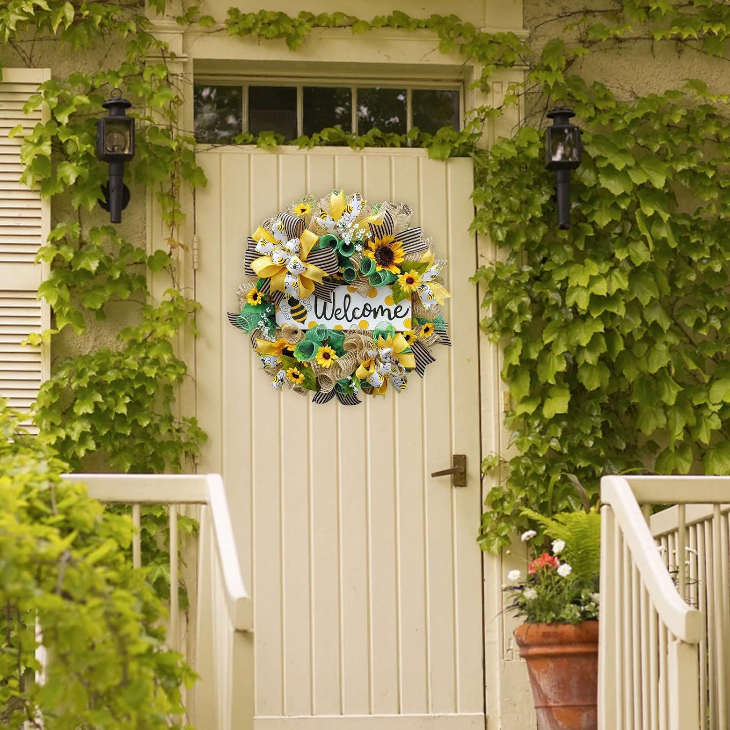 Summer Wreath with Sunflowers and Bees