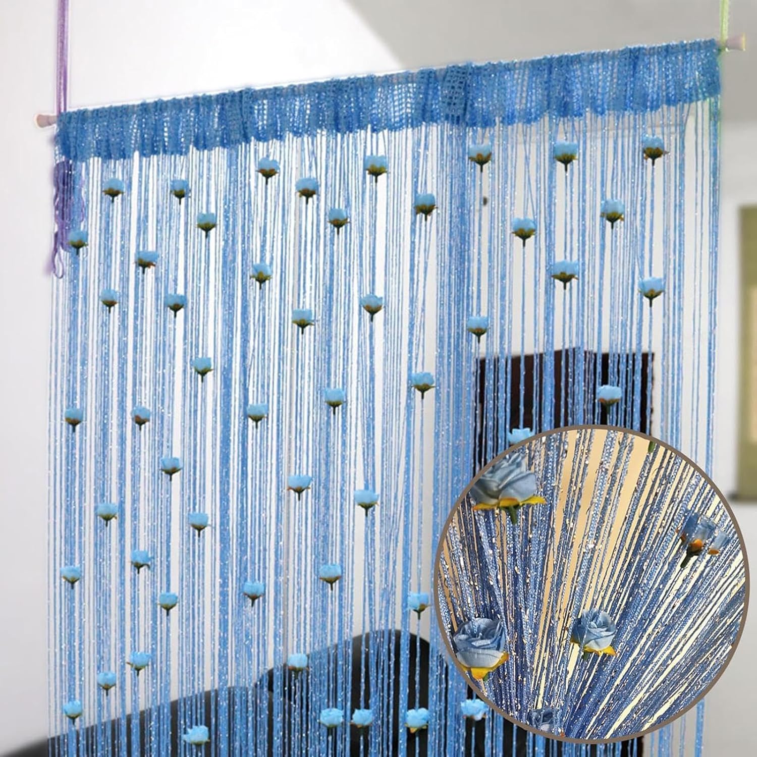 Thread Door Curtain with Hanging Roses and Beads
