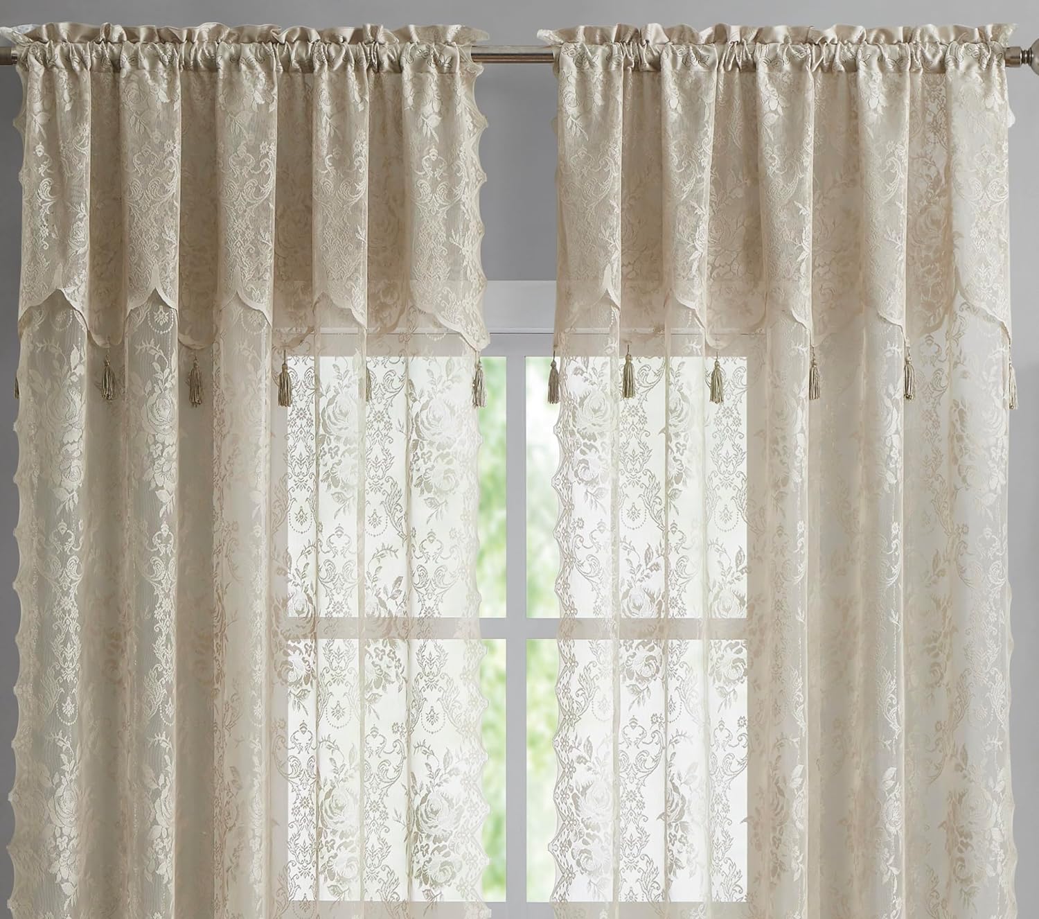 LinenZone Pair of 2 Lace Curtain Panels with Valance and 6 Tassels