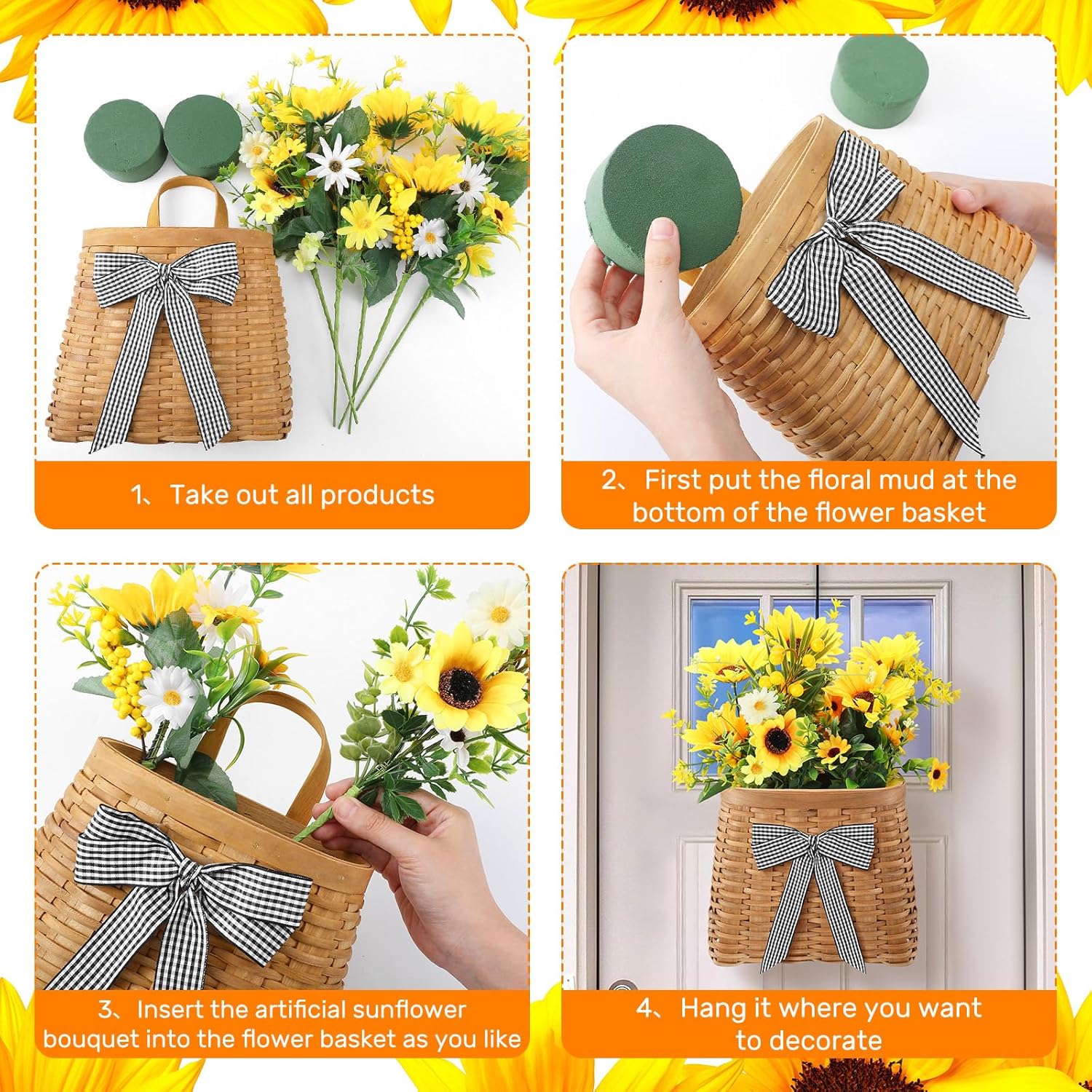 Dingion Sunflower Front Door Wreath Hanging Basket Decor