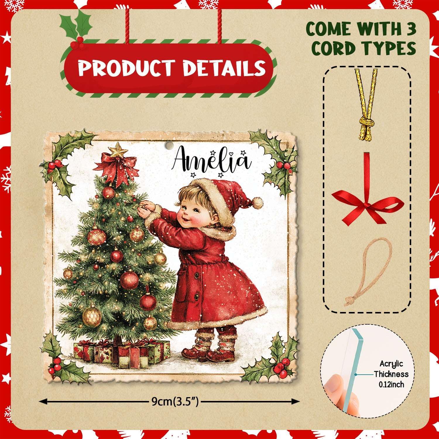 Personalized Name Christmas Tree Hanging Ornament for Girls