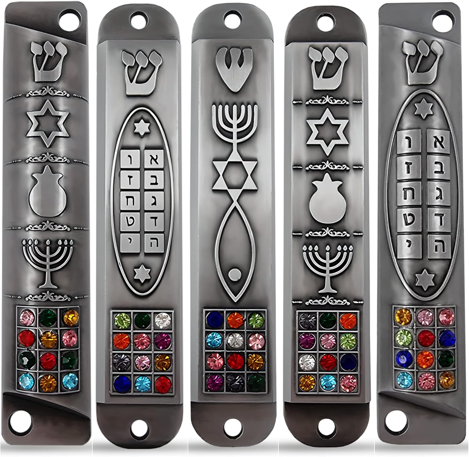 Set of 5 Pewter Mezuzah Cases with Scroll for Door Frame