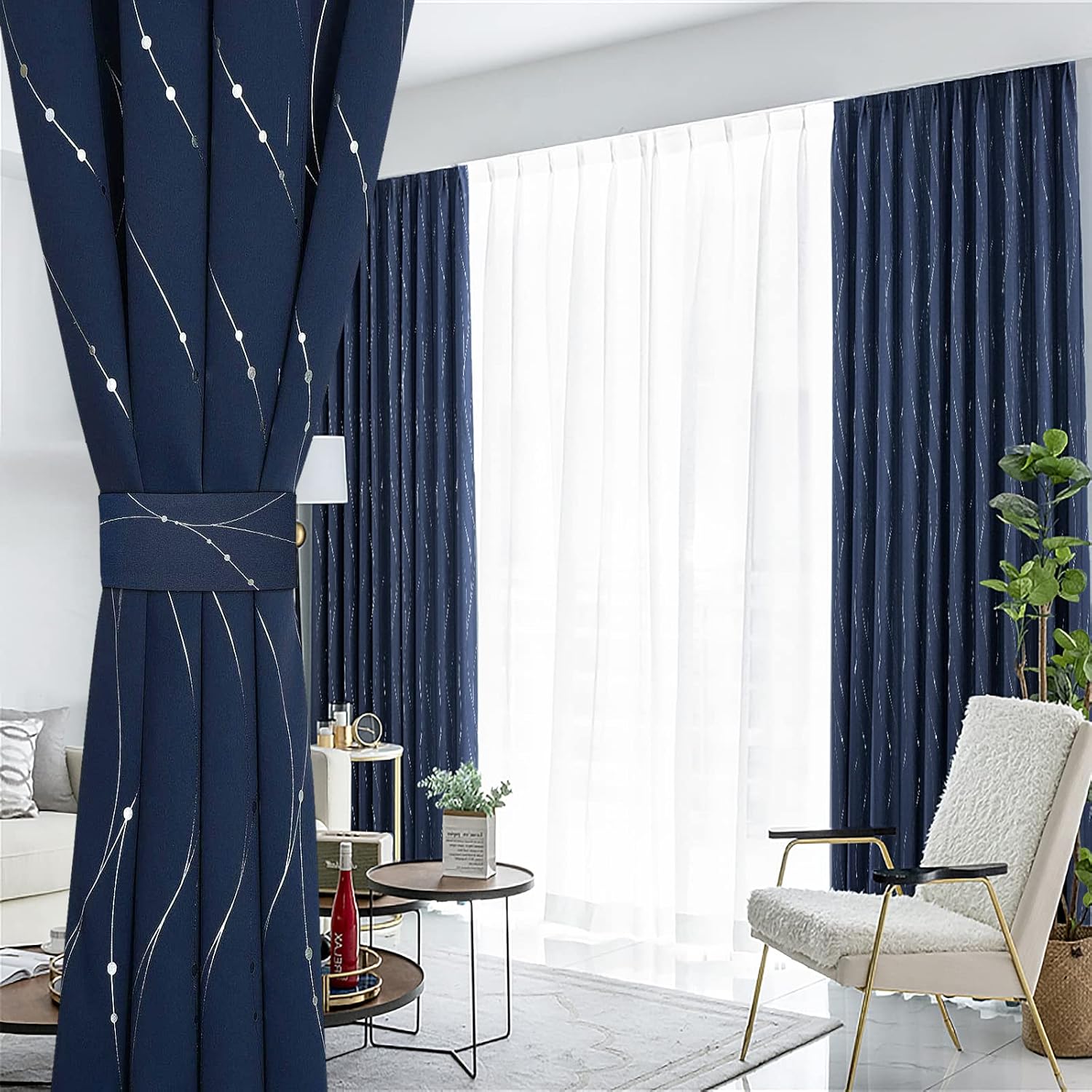 BUHUA Blackout Curtains with Floral Pattern Navy 72 Inch Length 2 Panels