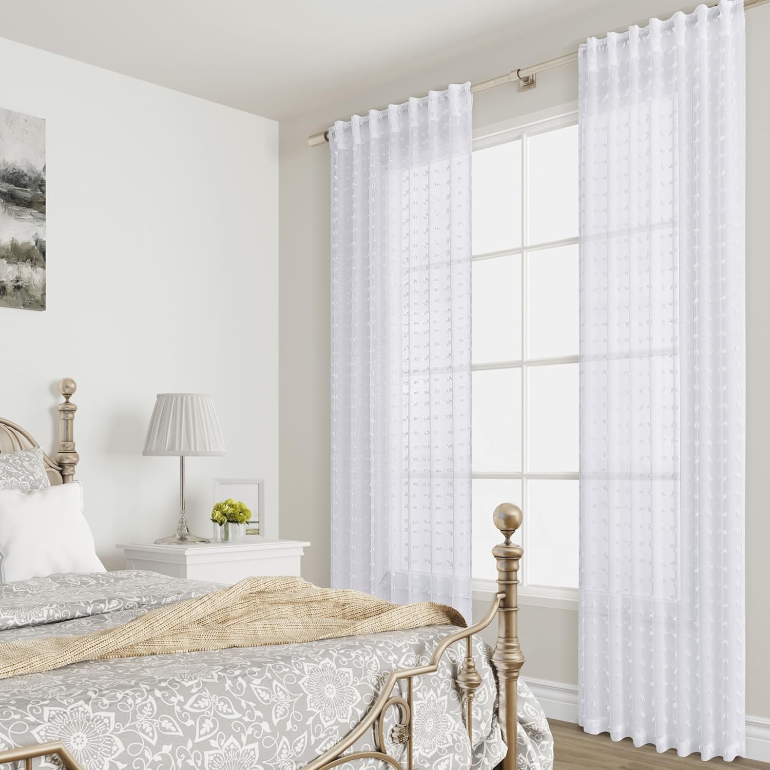 Guken White Pom Pom Curtains 63 Inches Long for Kids Bedroom