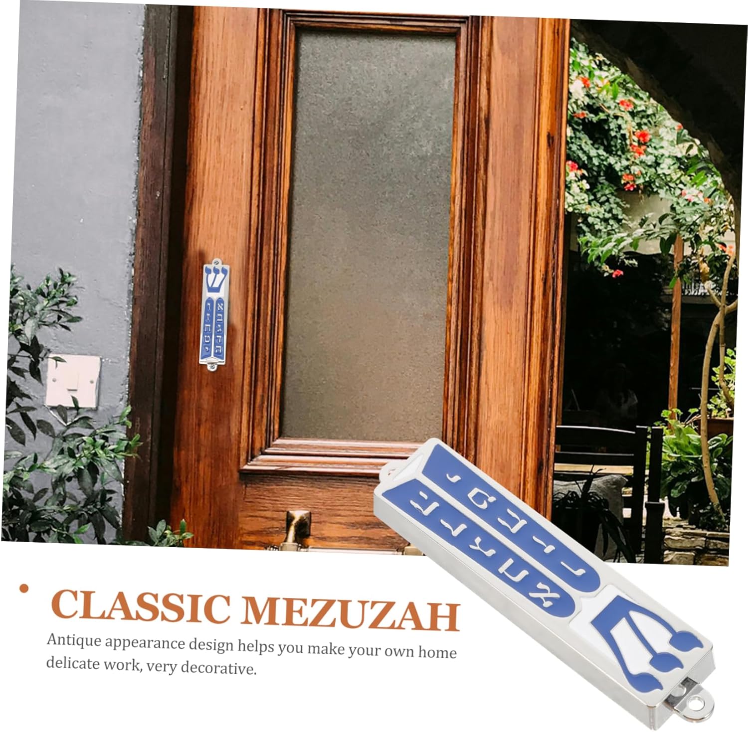 Jewish Mezuzah Door Blessing Scroll with Blue Enamel Design