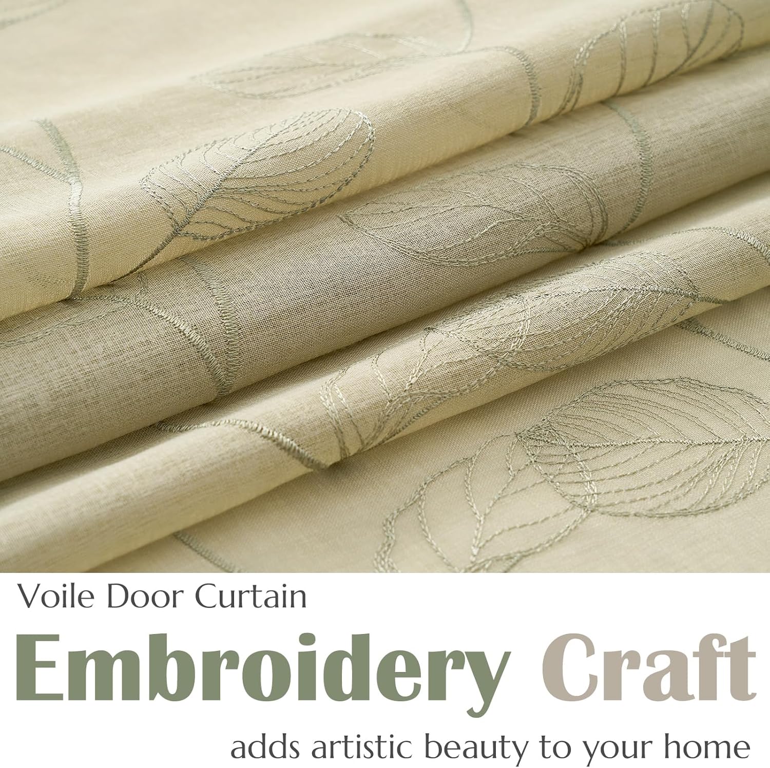 Jinchan Sage Green French Door Curtain with Leaf Embroidery