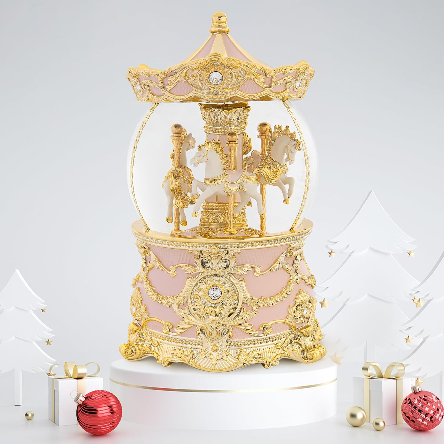 Carousel Music Box Gold Pink Christmas Snow Globe