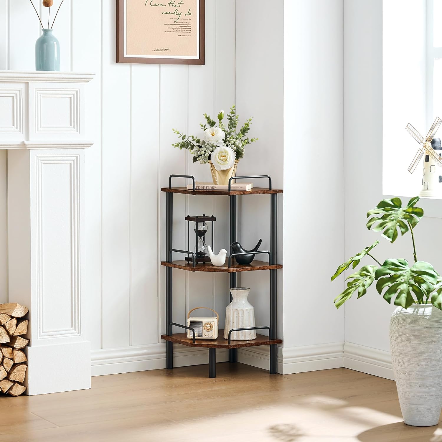 Tajsoon Corner Shelf Stand 3 Tier Rustic Brown