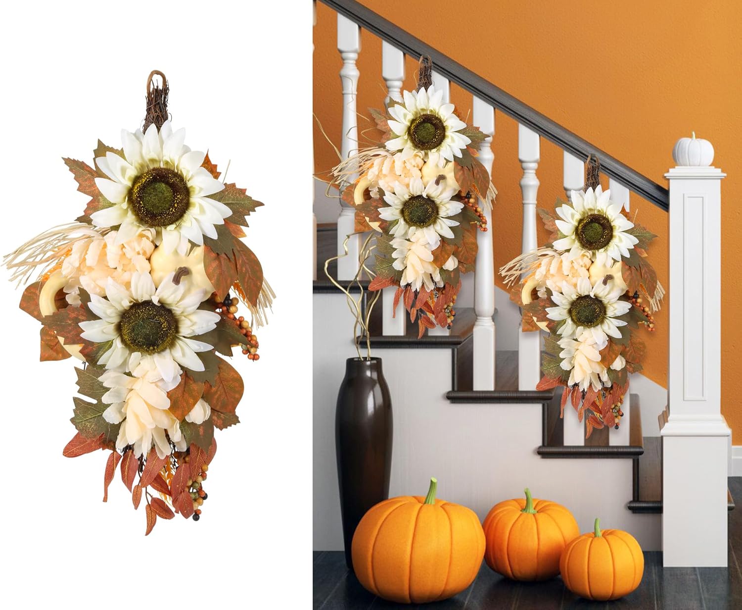 IPOPU 2PCS Fall Teardrop Wreath for Front Door