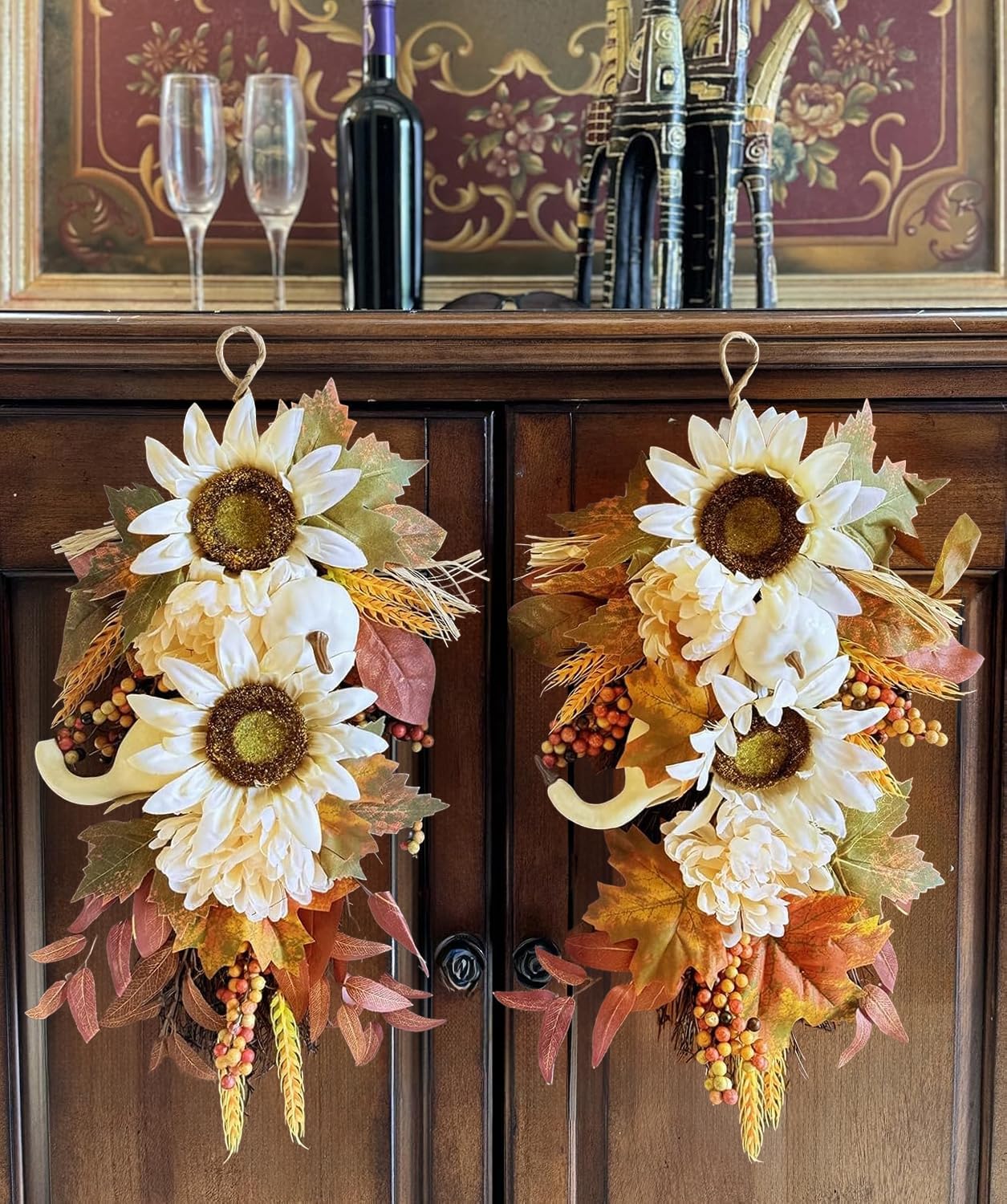 IPOPU 2PCS Fall Teardrop Wreath for Front Door