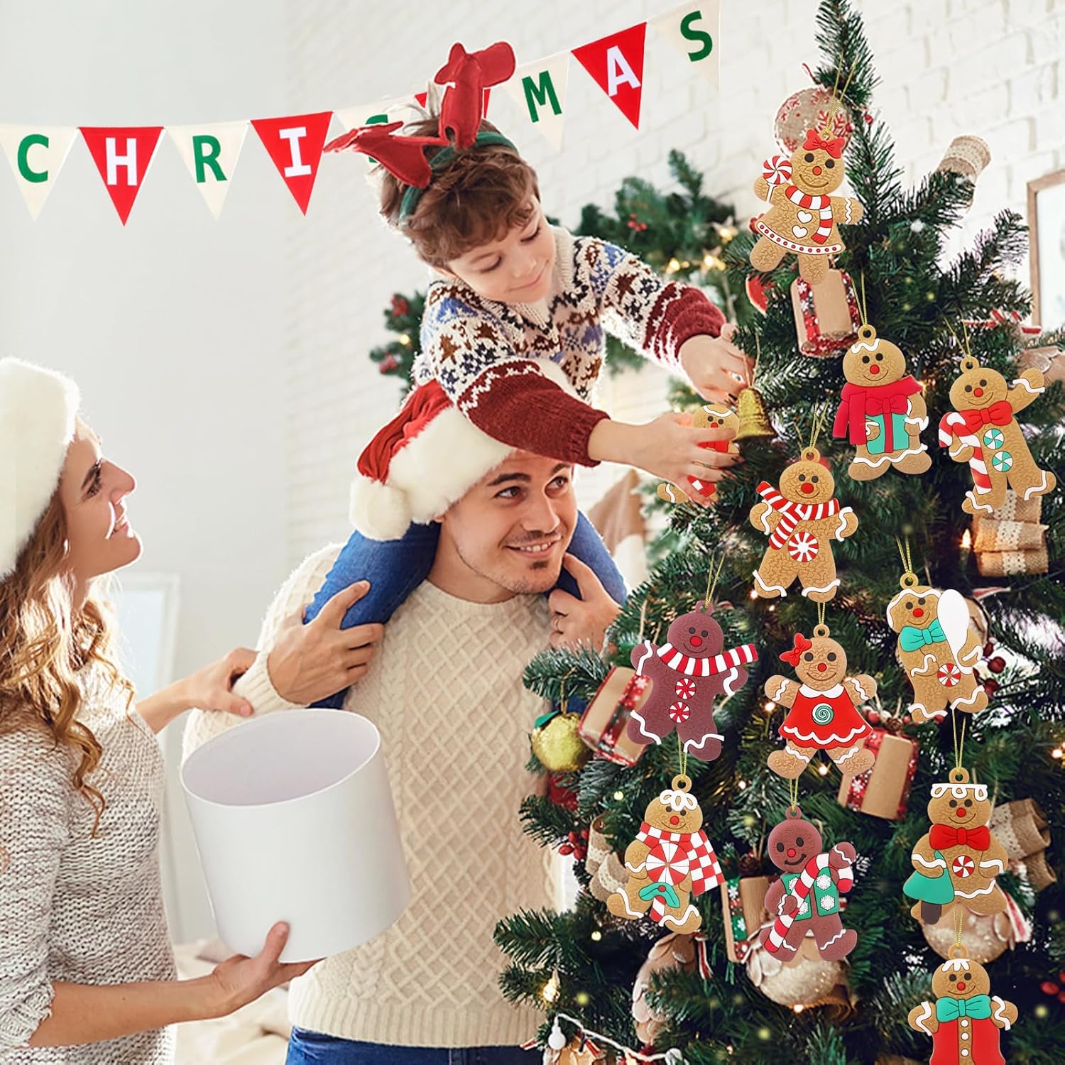 12pcs Christmas Gingerbread Man Ornaments with Gold Ropes