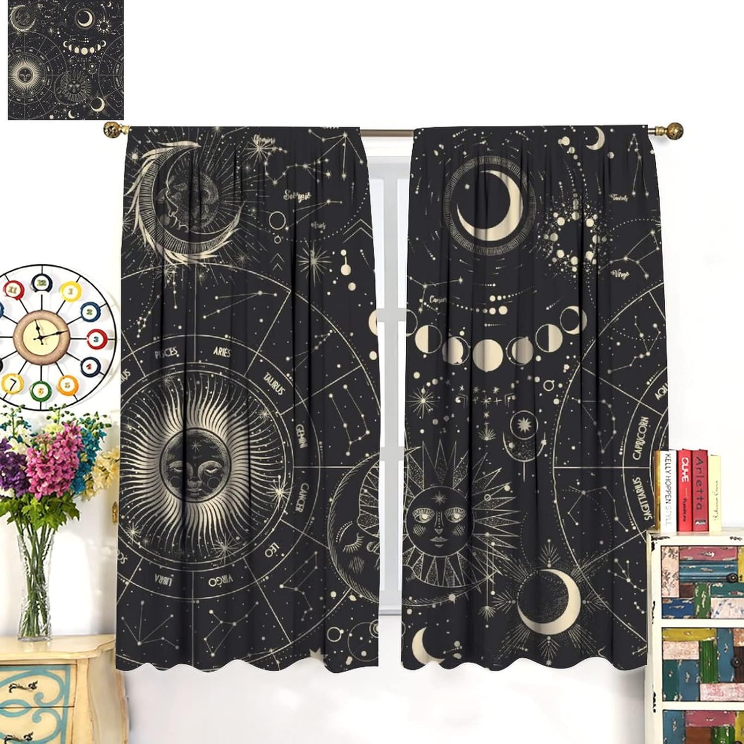 NC Sun Moon Stars Art Abstract Bohemian Windproof Curtain