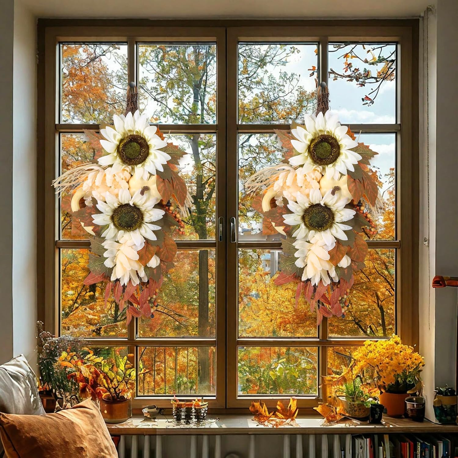 IPOPU 2PCS Fall Teardrop Wreath for Front Door