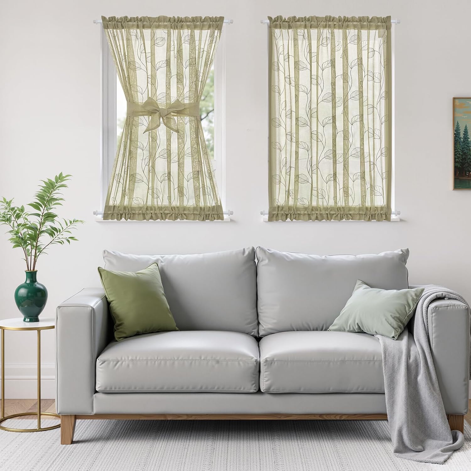 Jinchan Sage Green French Door Curtain with Leaf Embroidery