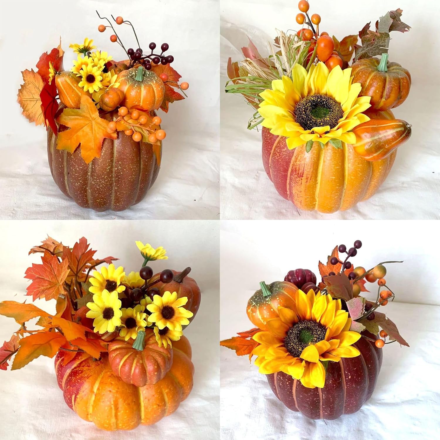 Fall Pumpkin Decor Centerpiece with Artificial Sunflowers and Autumn Leaves