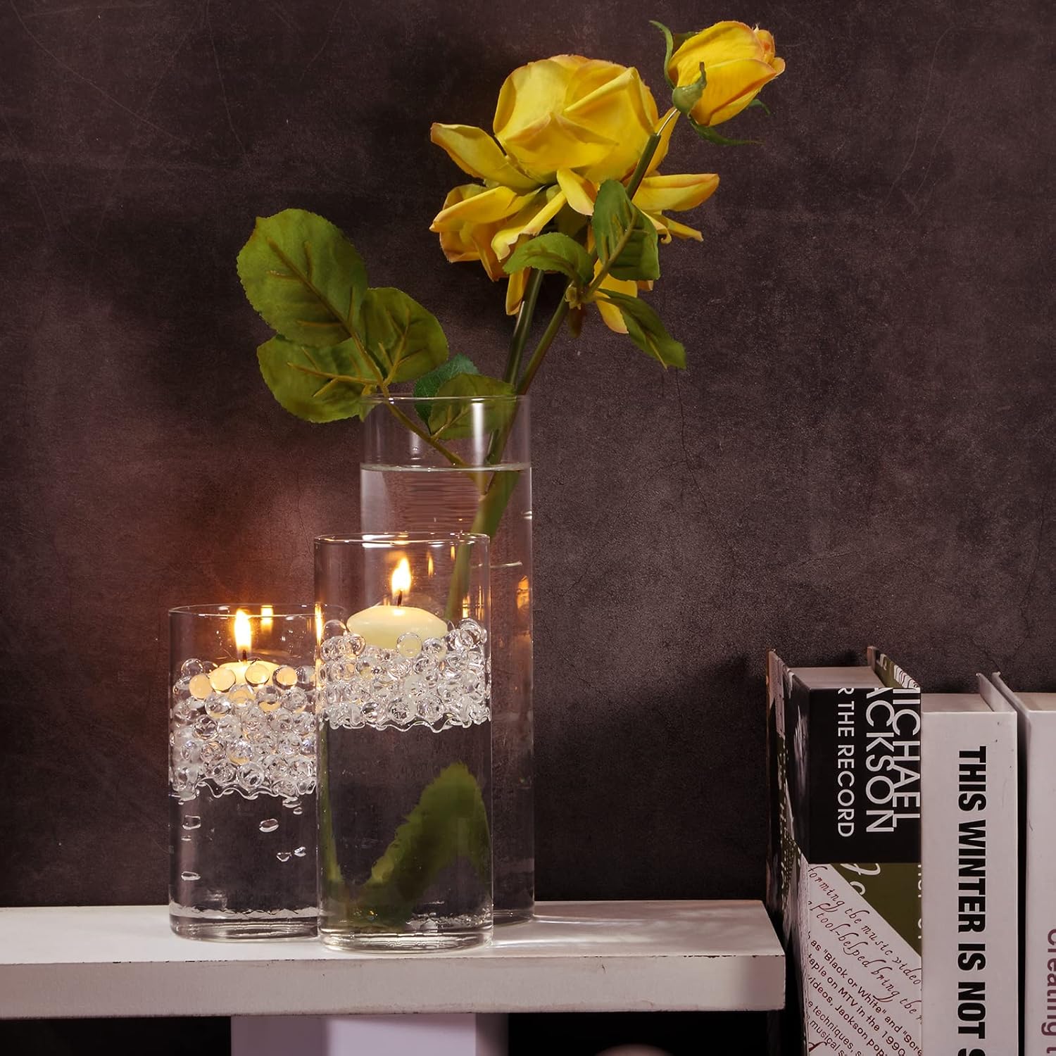 Sawysine 12 Pcs Glass Cylinder Vase with Floating Candles and Water Gel Beads