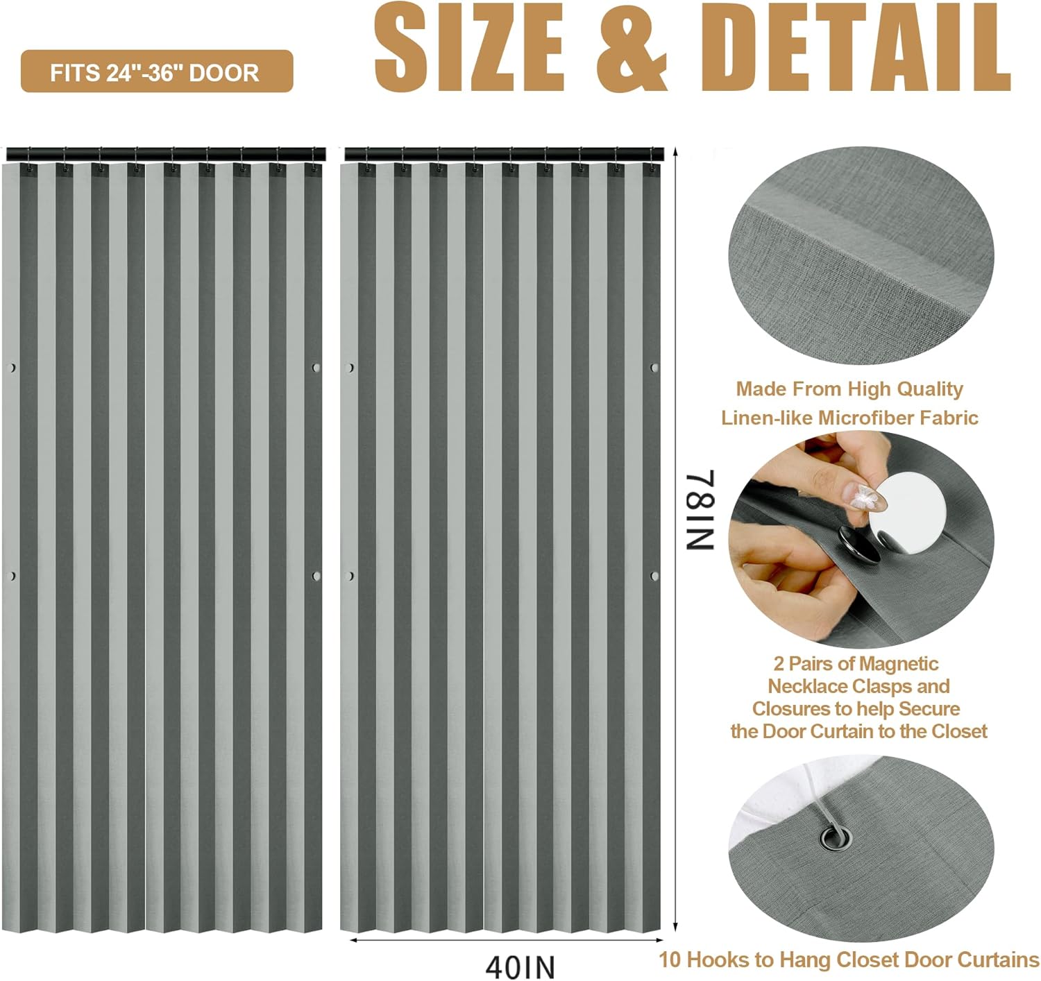 HOMBYS Magnetic Door Curtain 2 Panel Grey 40x78 Inches