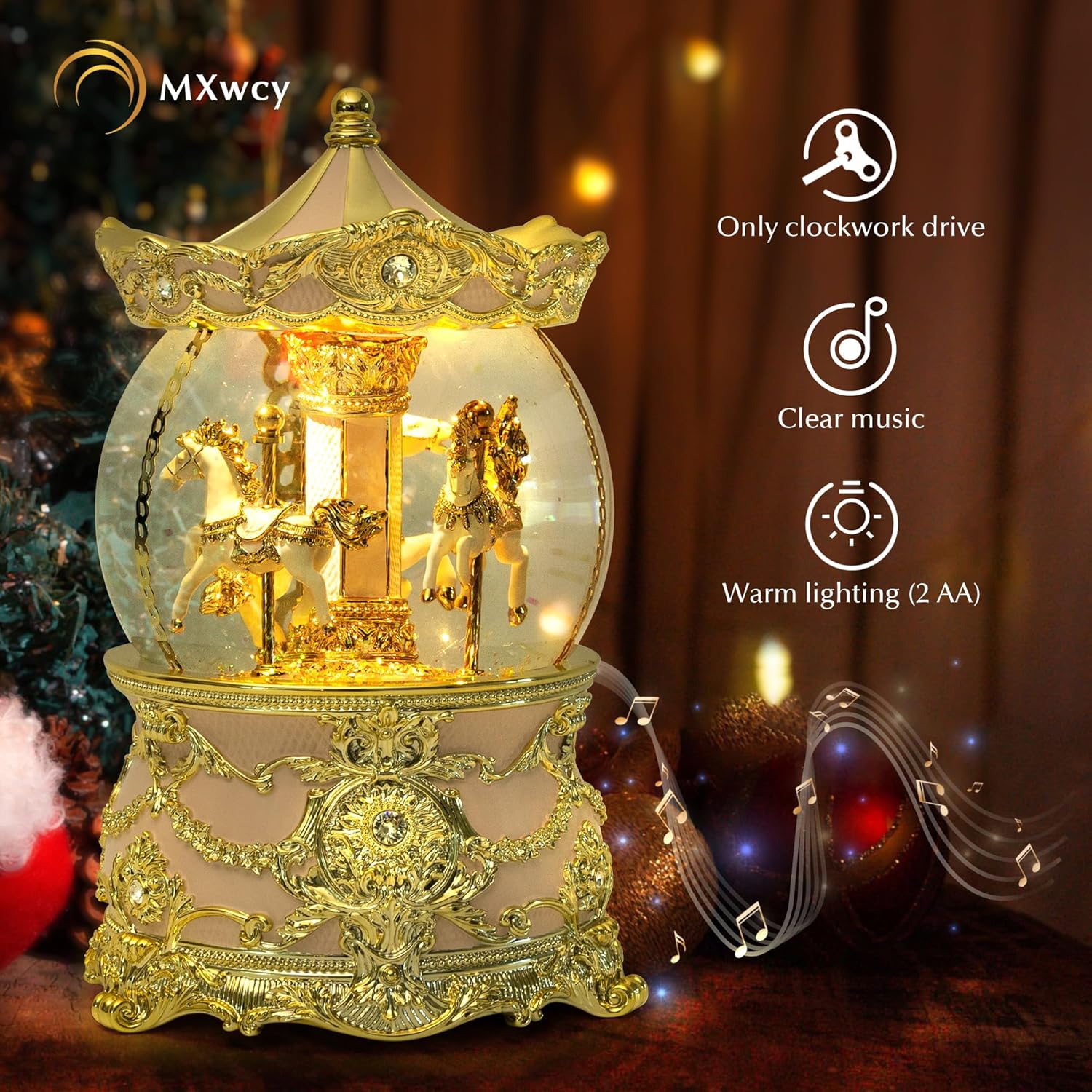 Carousel Music Box Gold Pink Christmas Snow Globe