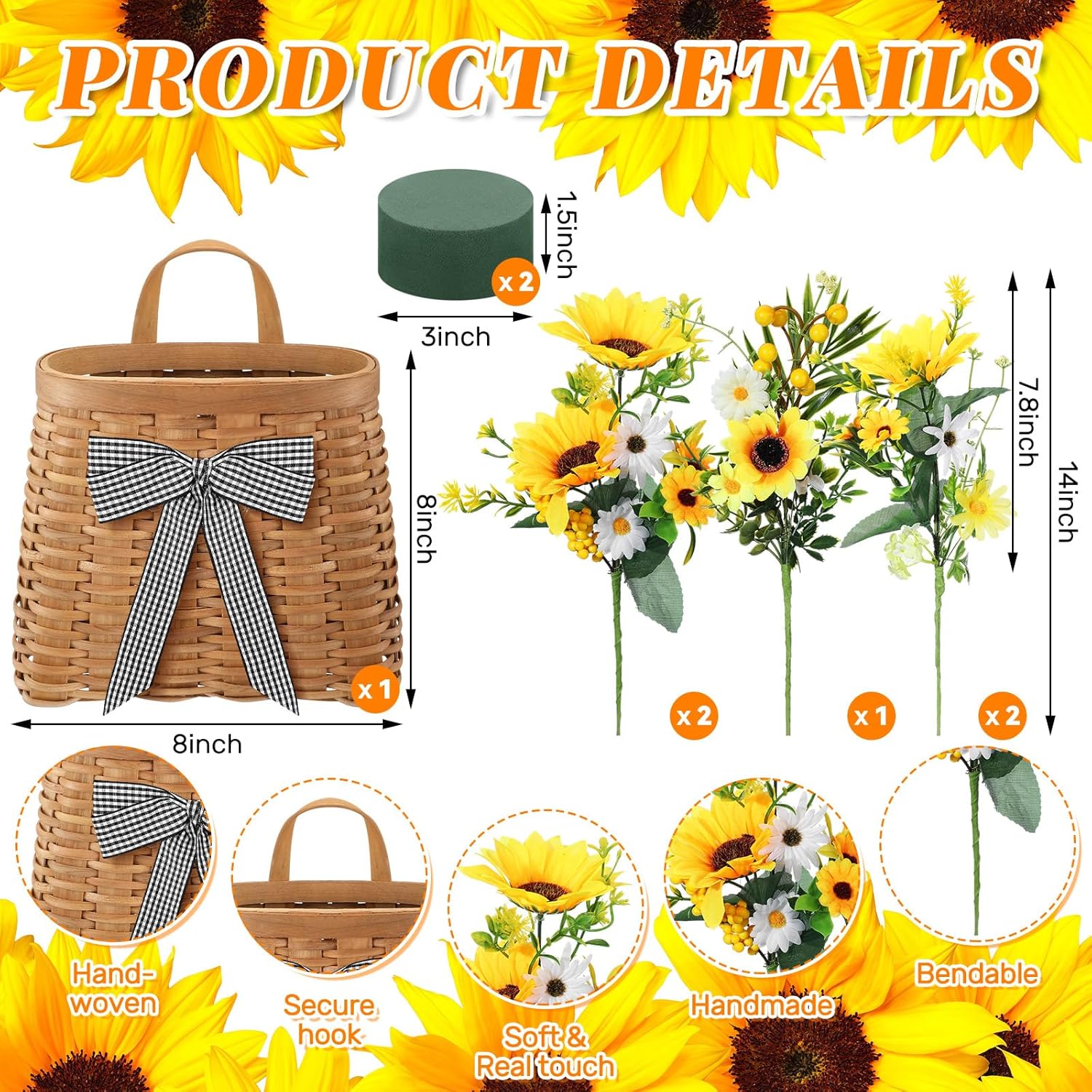 Dingion Sunflower Front Door Wreath Hanging Basket Decor