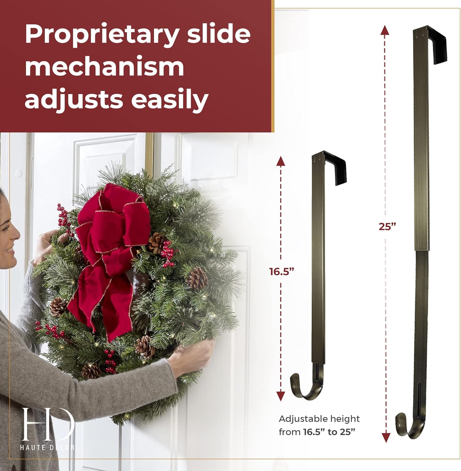Haute Decor Adjustable Wreath Hanger 2 Pack Antique Brass
