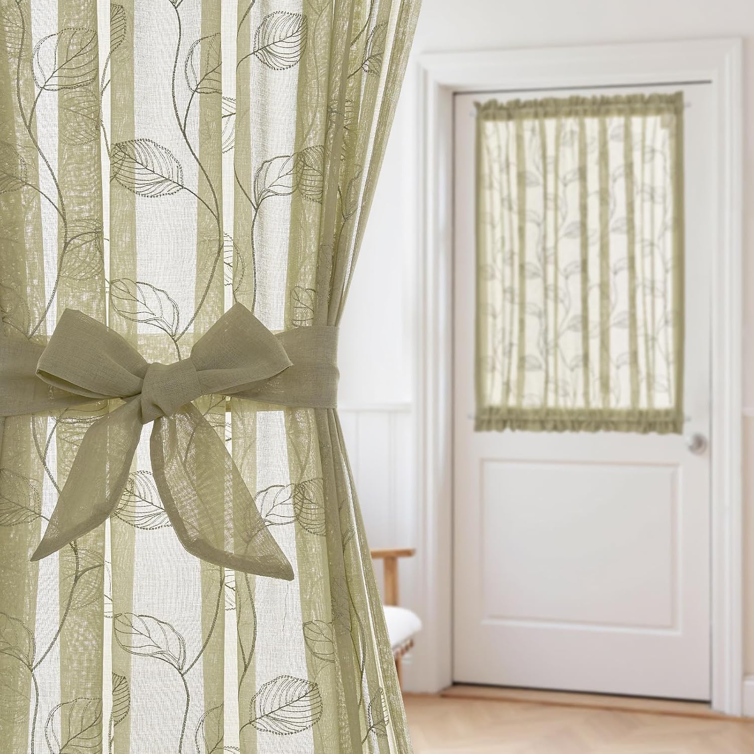 Jinchan Sage Green French Door Curtain with Leaf Embroidery